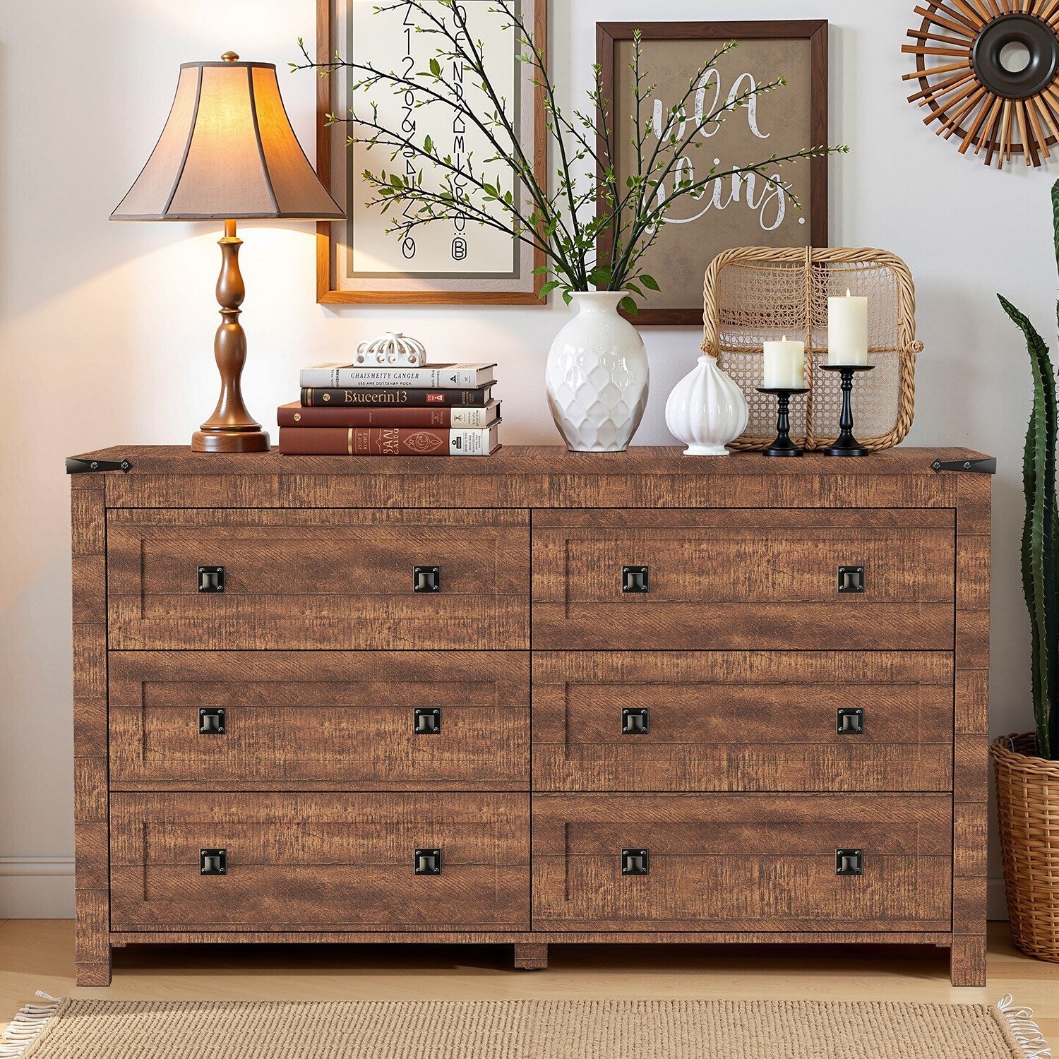 Farmhouse 6 Drawer Dresser, Wood TV Stand, Chest of Drawers