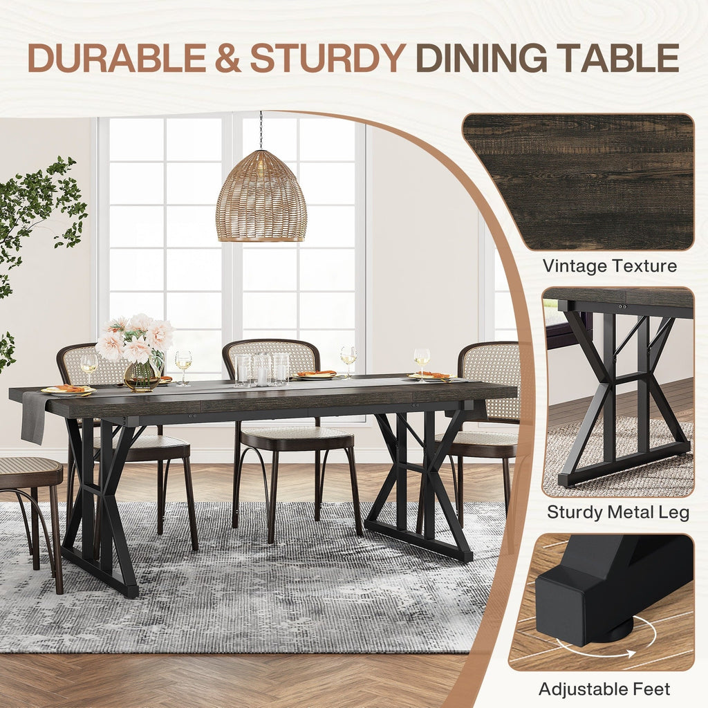 Farmhouse Dining Table for 6 People, 70.8-Inch Rectangular Wood Kitchen Table