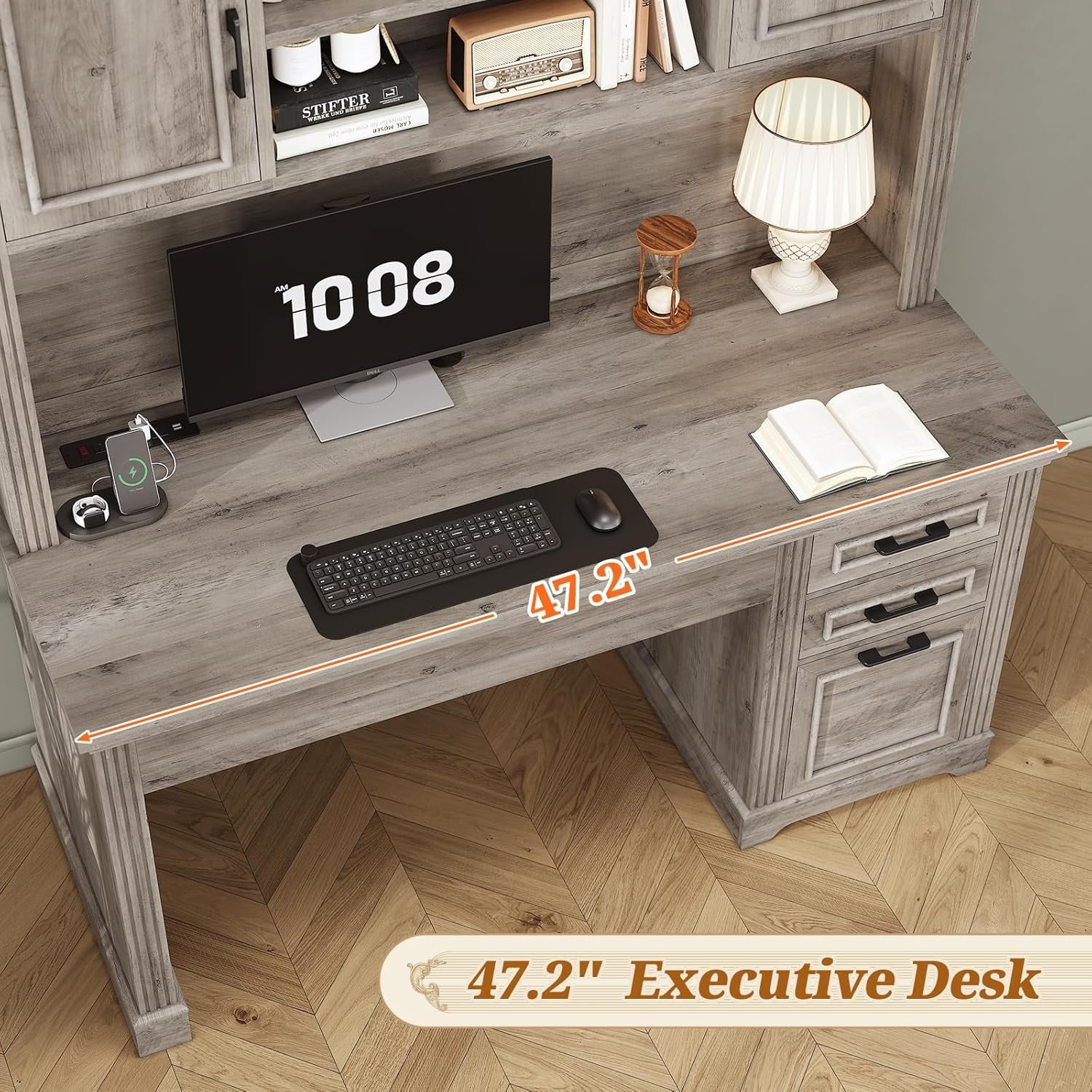 Farmhouse Executive Desk Home Office Desk File Drawer Monitor Stand Power Outlet