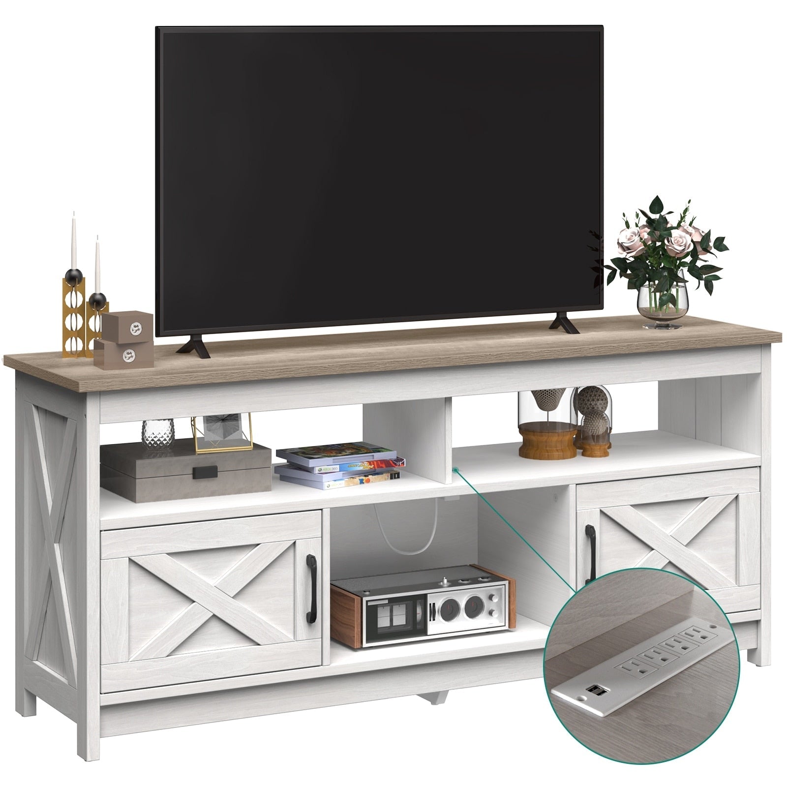 Farmhouse TV Stand for up to 65 TV with Doors and Open Shelves Media Console Power Outlet