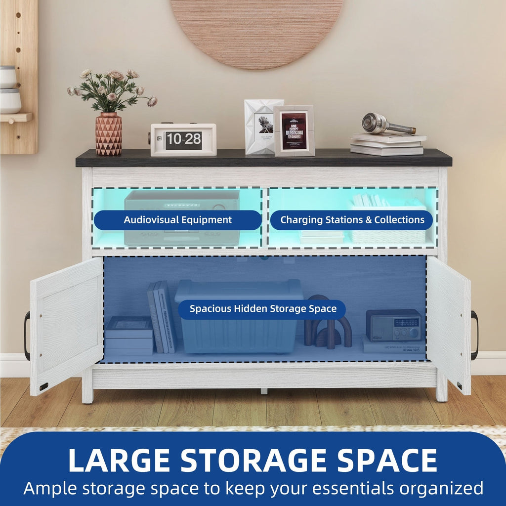 Farmhouse TV Stand for up to 65 TV with Doors and Open Shelves Media Console Power Outlet