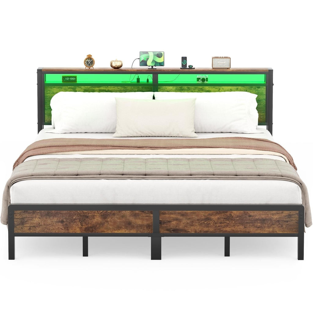 Farmhouse Wood Platform Bed Frame with Charged Station and LED Lights