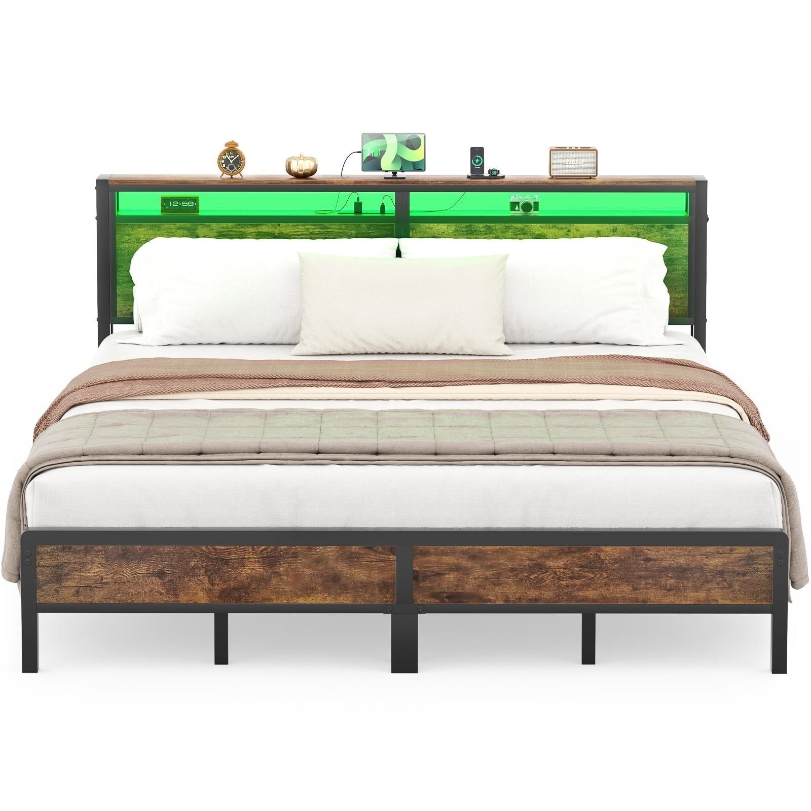 Farmhouse Wood Platform Bed Frame with Charged Station and LED Lights
