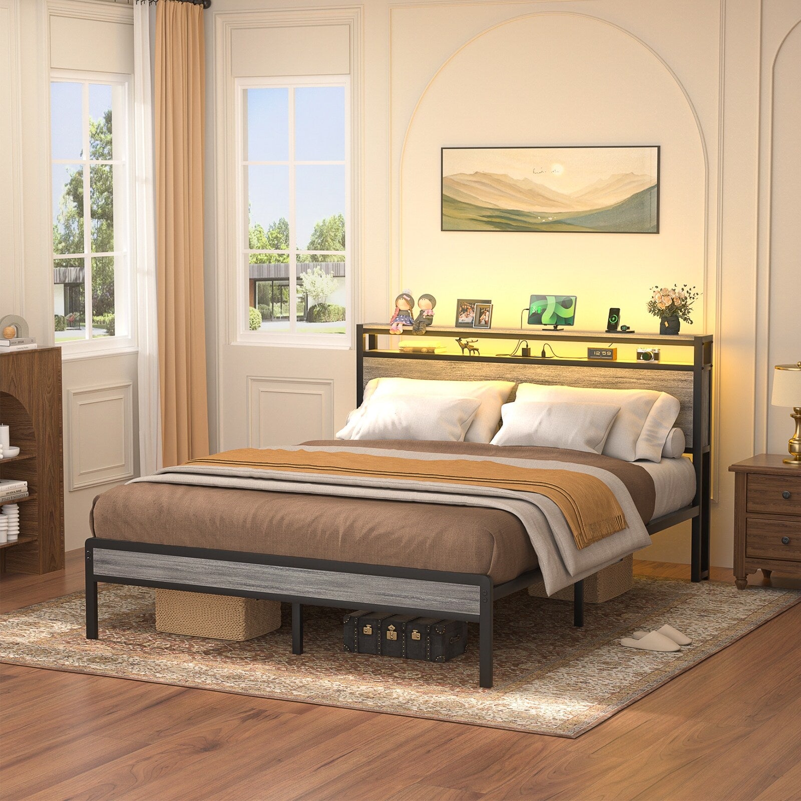 Farmhouse Wood Platform Bed Frame with Charged Station and LED Lights