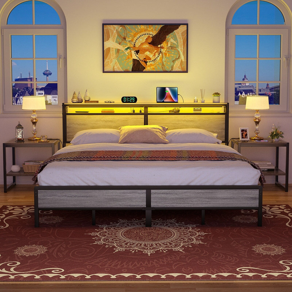 Farmhouse Wood Platform Bed Frame with Charged Station and LED Lights
