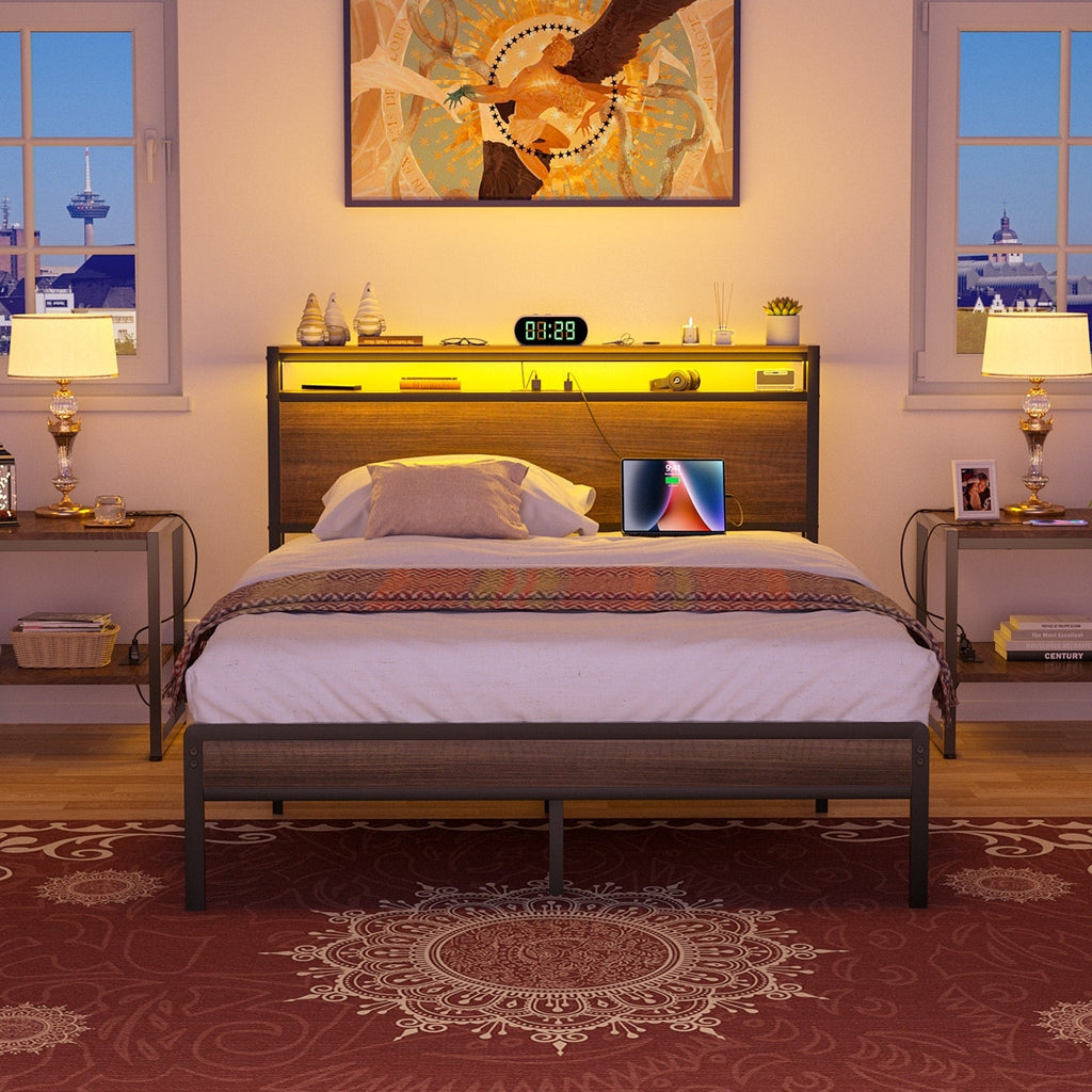 Farmhouse Wood Platform Bed Frame with Charged Station and LED Lights