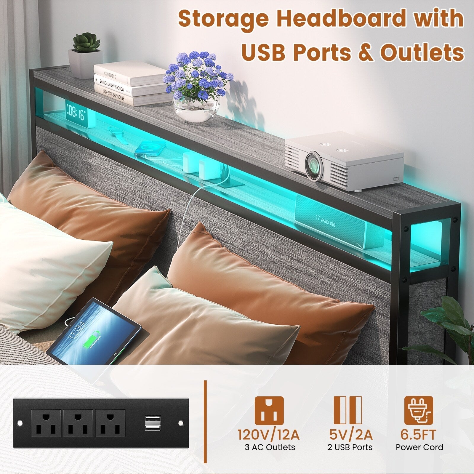 Farmhouse Wood Platform Bed Frame with Charged Station and LED Lights