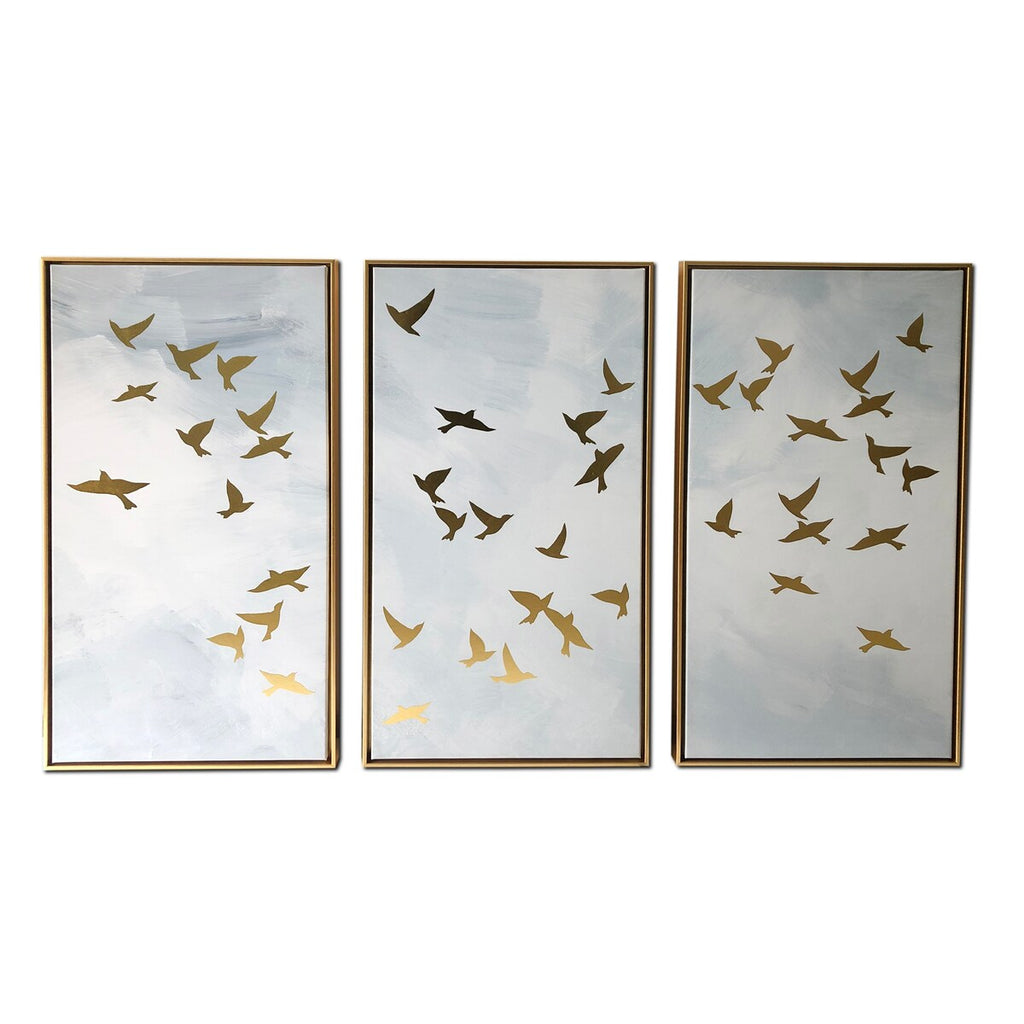 Golden Birds 3 Piece Set Print on Gold Floating Framed Canvas Wall Art