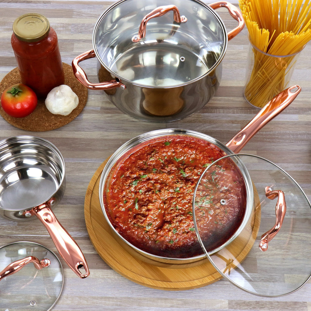 Gibson Home Bransonville 8 Piece Stainless Steel Cookware Set in Chrome and Bronze