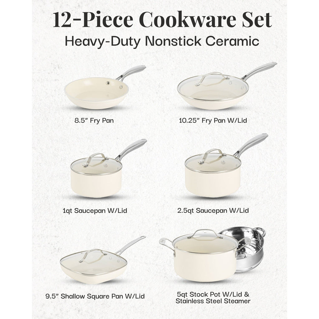 Gotham Steel Cream 12 Piece Pots and Pans Ultra Nonstick Ceramic Cookware Set with Stay Cool Handles