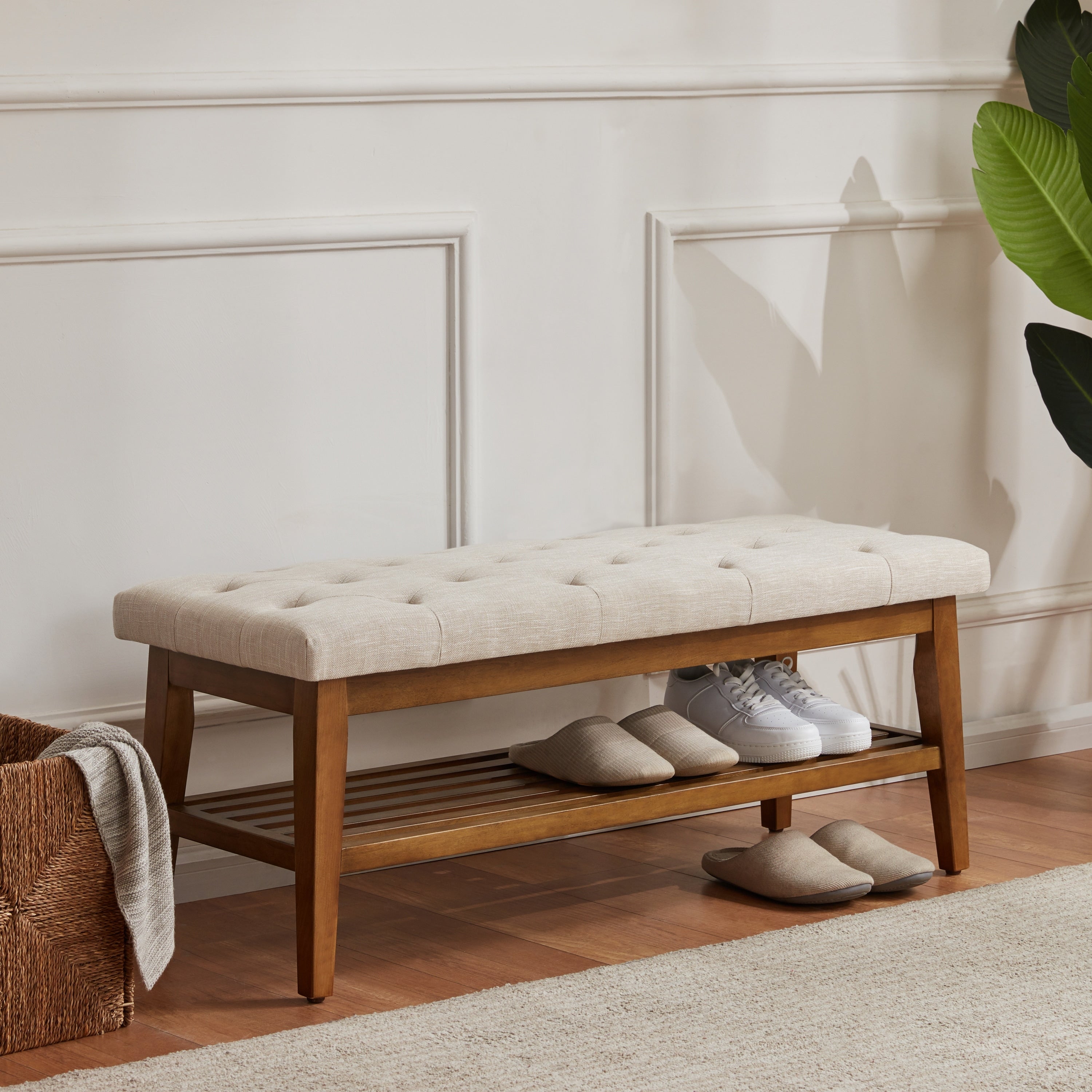 Entryway Shoe Bench Storage Bench Fabric Solid Wood, 43-inch Upholstered Bench for Living Room, Bedrooms