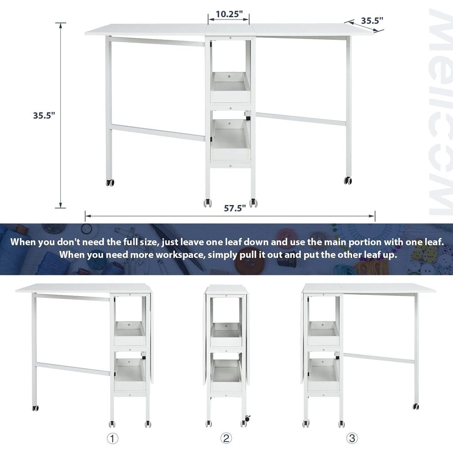 Height Adjustable Craft Table with Storage Shelves, Mobile Folding Cutting Table for Home Office Sewing Room Craft Room