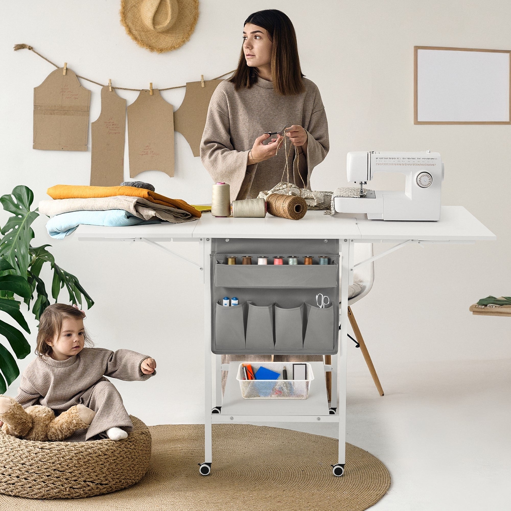 Height Adjustable Craft Table with Storage Shelves, Mobile Folding Cutting Table for Home Office Sewing Room Craft Room