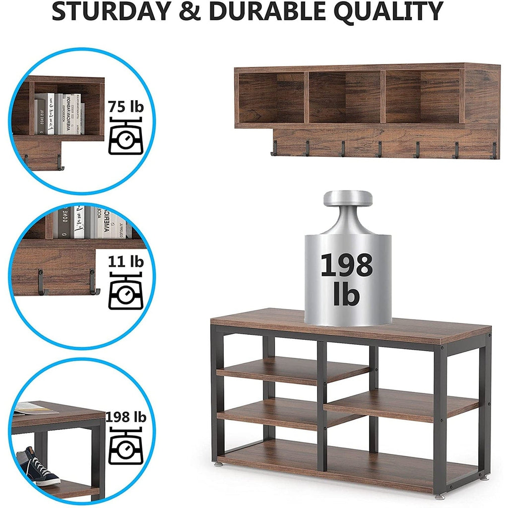 Entryway Coat Rack Shoe Bench Set, Industrial Hall Tree Coat Shoe Rack
