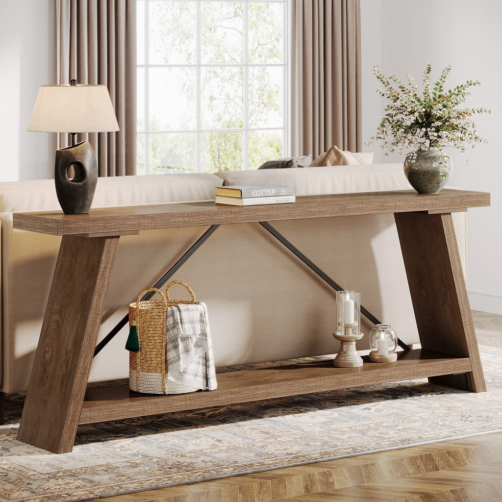 70.9 Inches Long Rustic Wood Console Sofa Table with Storage Shelf