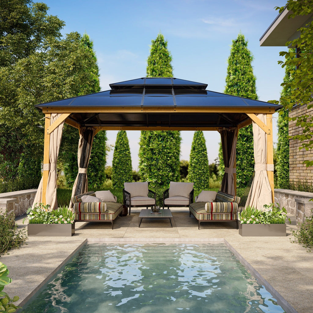 EROMMY Hardtop Gazebo,Outdoor Pergola with Double Roof & Netting & Curtains,Heavy Duty Canopy for Patio, Backyard, Pool party