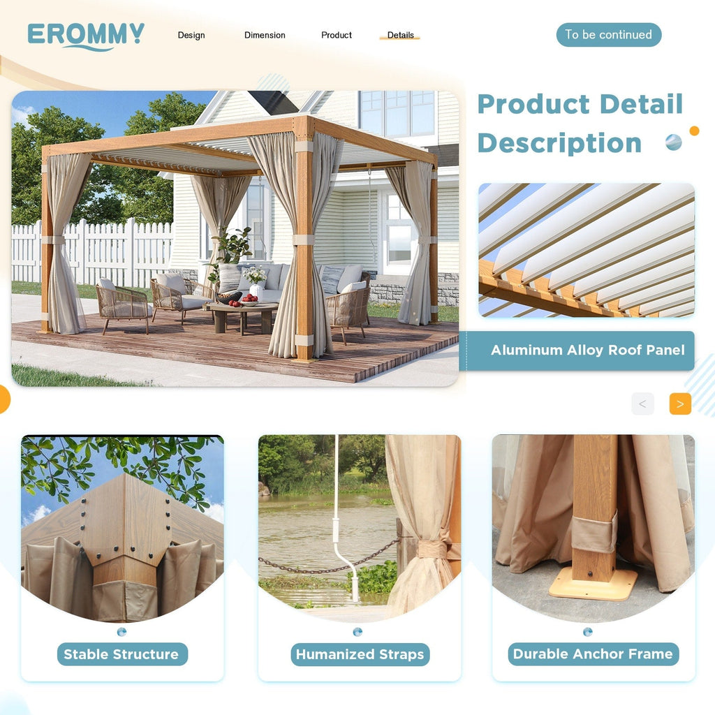 EROMMY Outdoor Louvered Pergola Gazebo with Adjustable Aluminum Rainproof Roof