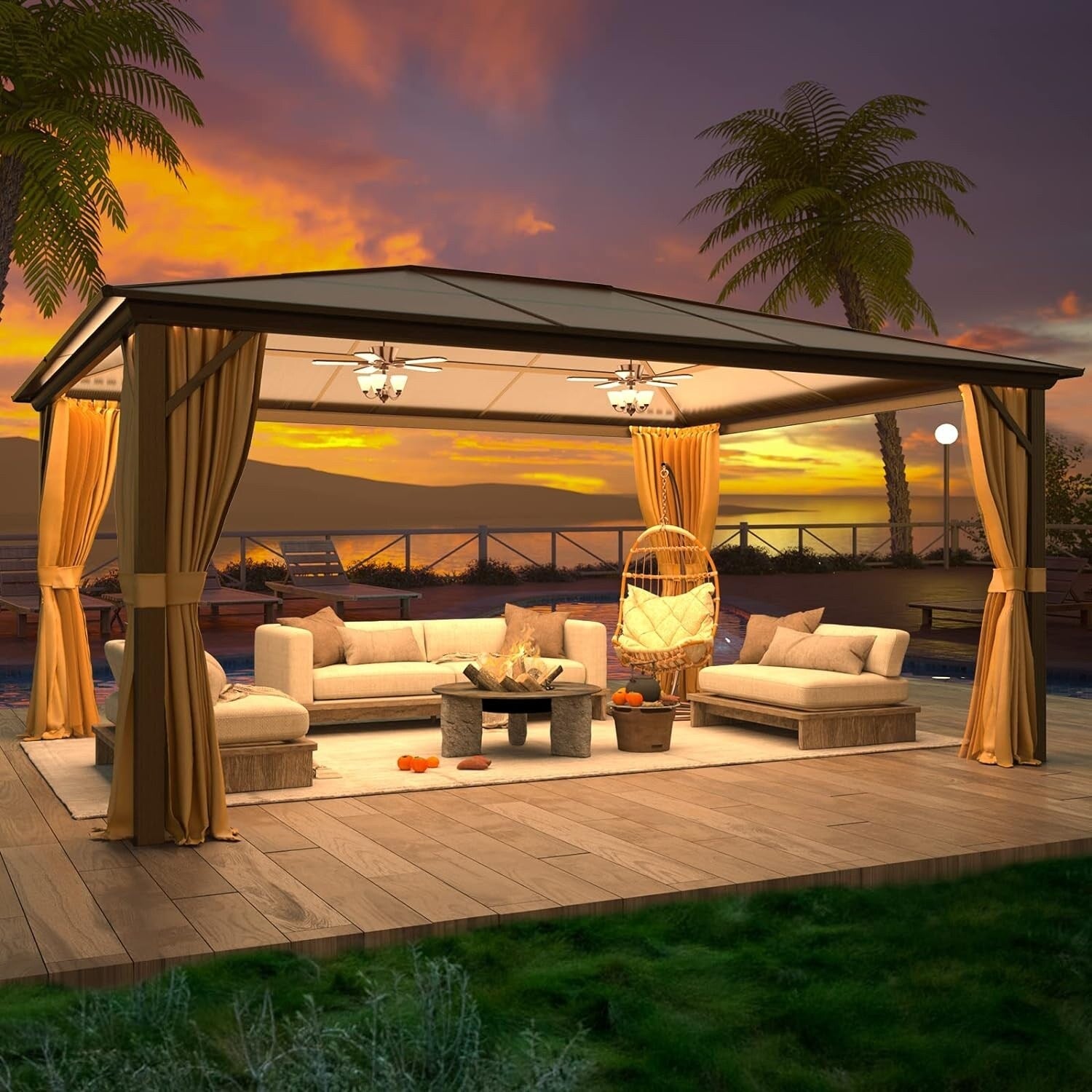 Hardtop Gazebo for Backyard – Permanent Pergola with Netting, Curtains & Double Roof, All-Weather Outdoor Shelter